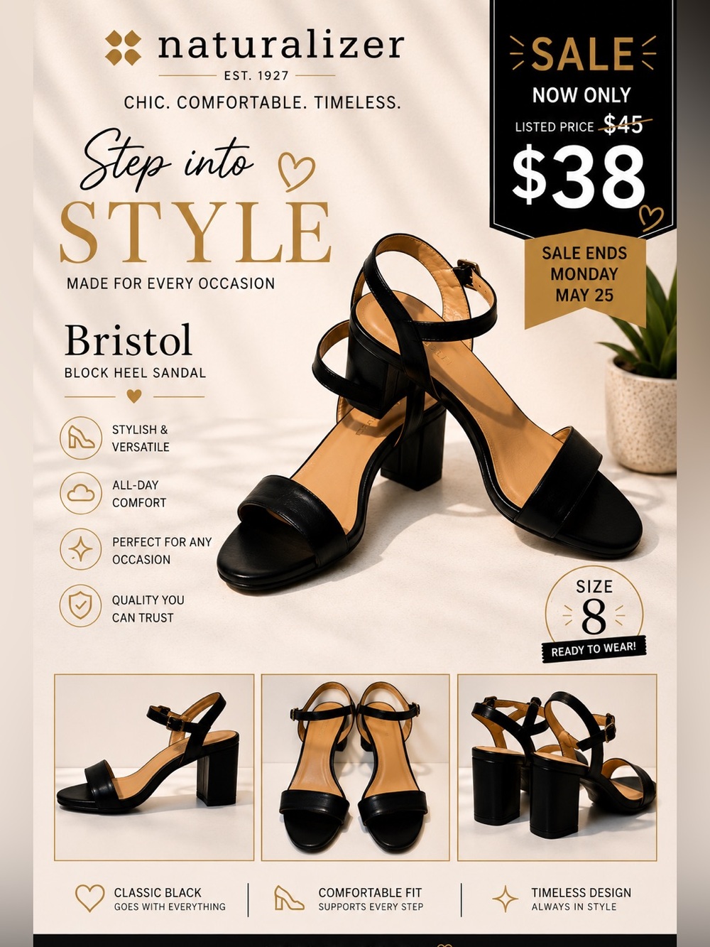 Naturalizer Bristol Black Ankle Strap Block Heel Sandals Womens Size 8 Nvr Worn
